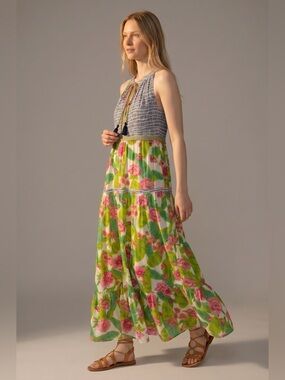 Adrift Bohemian Floral Green Tiered Maxi Dress. Tropical. Hawaiian. Summer. M